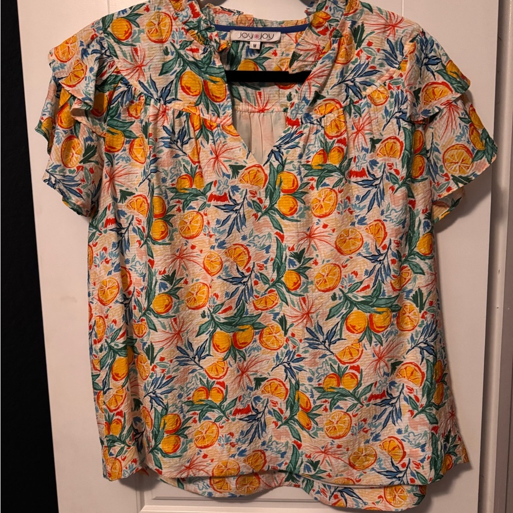Joy Joy White Citrus Print Short Sleeve Blouse